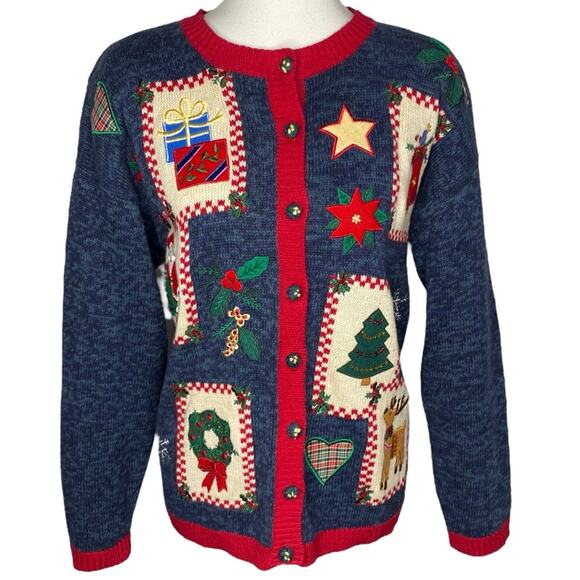 Vintage 90s Santa Ugly Christmas Cardigan Patchwork Embroidered Sweater Medium - Picture 1 of 16